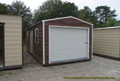 12 x 24 brown wood grain and white long roof garage