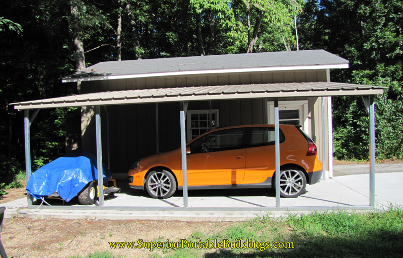 Metal awning with orange car side view
